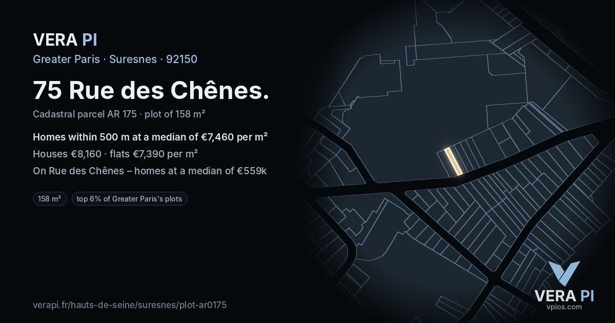 75 Rue des Chênes, Suresnes at night – the plot lit, the parcels around coloured by the prices near them