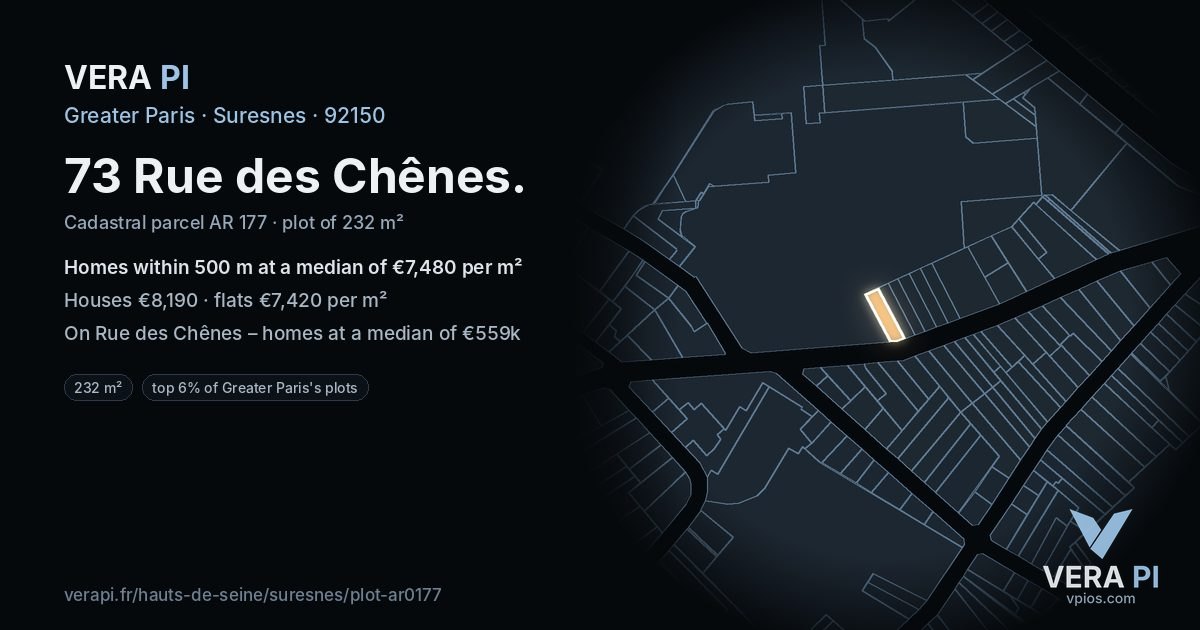 73 Rue des Chênes, Suresnes at night – the plot lit, the parcels around coloured by the prices near them