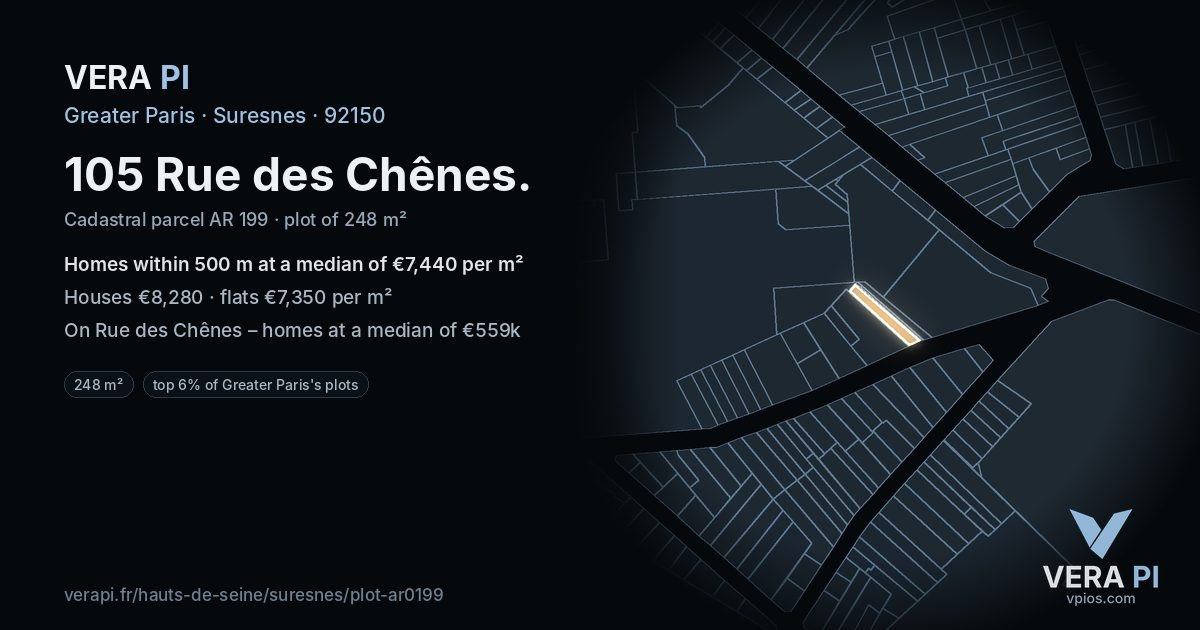 105 Rue des Chênes, Suresnes at night – the plot lit, the parcels around coloured by the prices near them