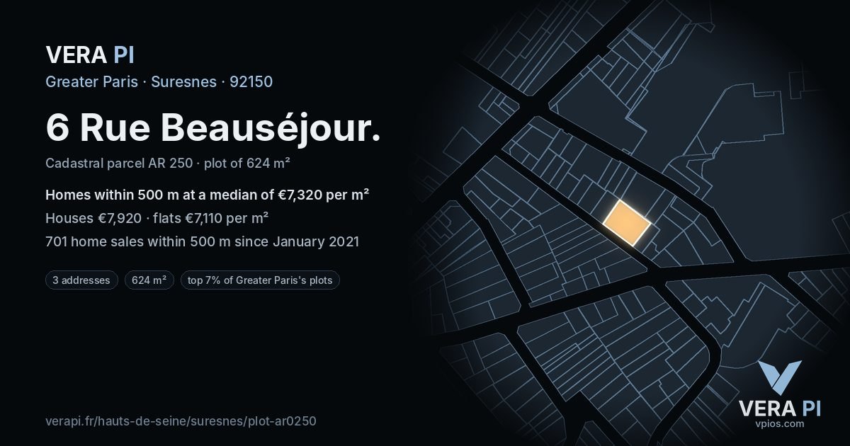6 Rue Beauséjour, Suresnes at night – the plot lit, the parcels around coloured by the prices near them