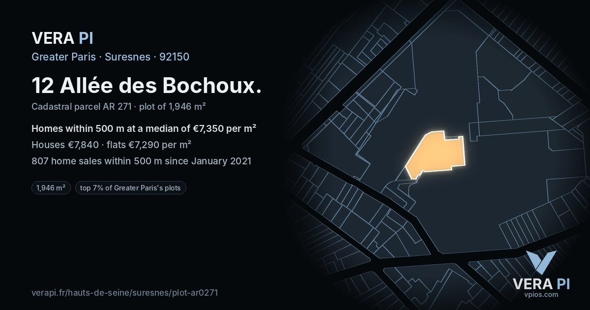 12 Allée des Bochoux, Suresnes at night – the plot lit, the parcels around coloured by the prices near them