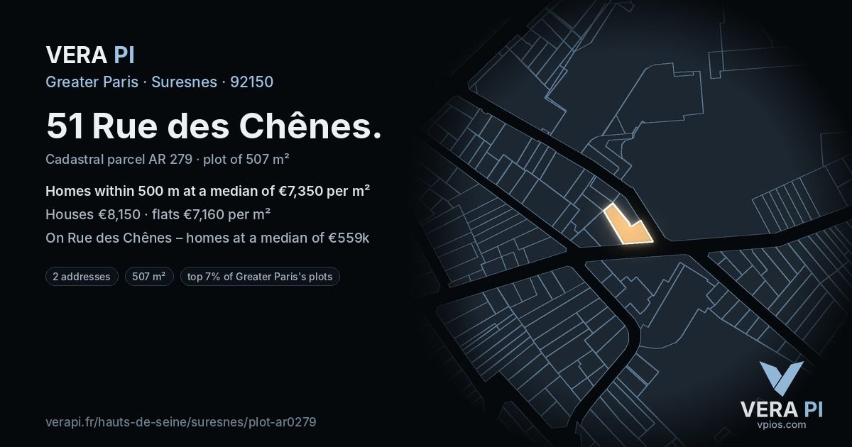 51 Rue des Chênes, Suresnes at night – the plot lit, the parcels around coloured by the prices near them