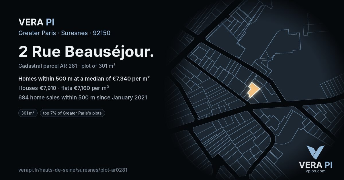 2 Rue Beauséjour, Suresnes at night – the plot lit, the parcels around coloured by the prices near them