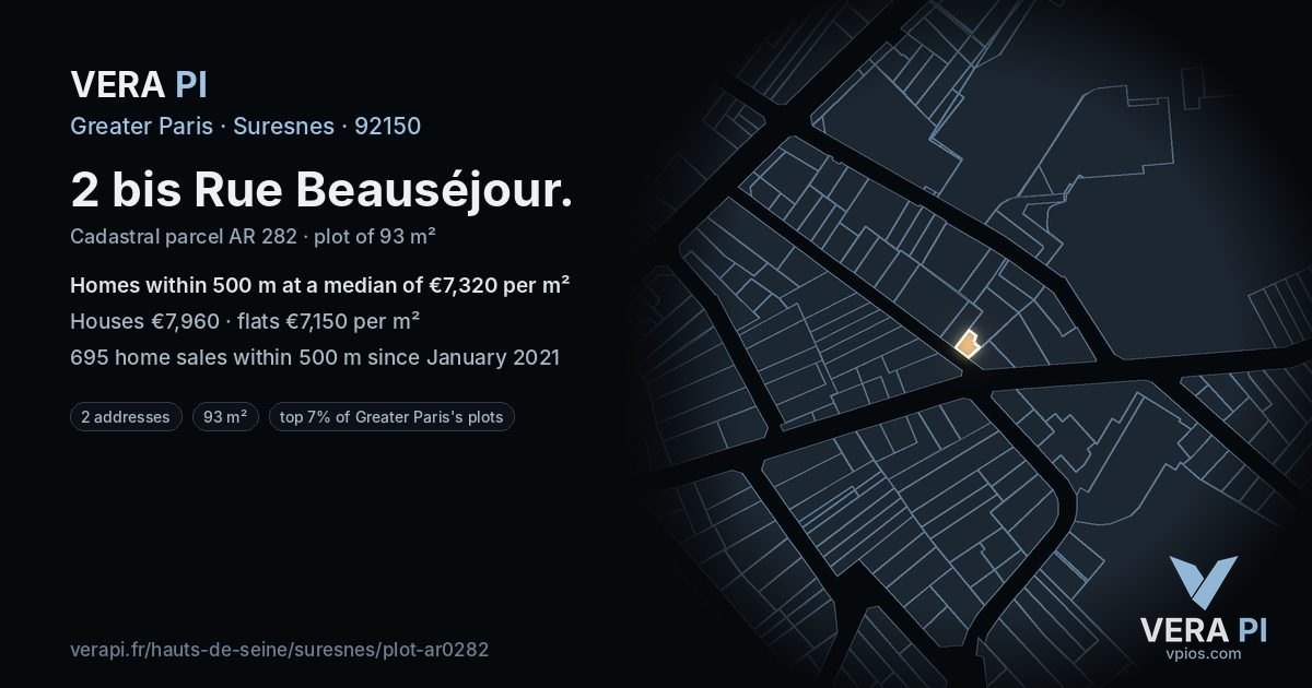2 bis Rue Beauséjour, Suresnes at night – the plot lit, the parcels around coloured by the prices near them