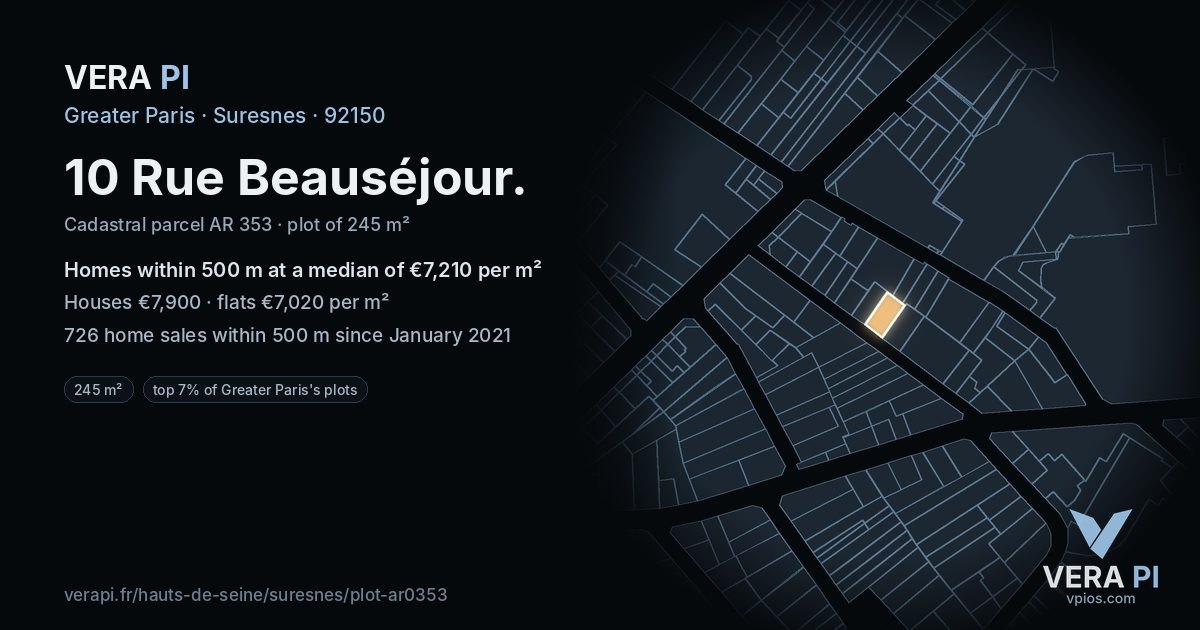 10 Rue Beauséjour, Suresnes at night – the plot lit, the parcels around coloured by the prices near them