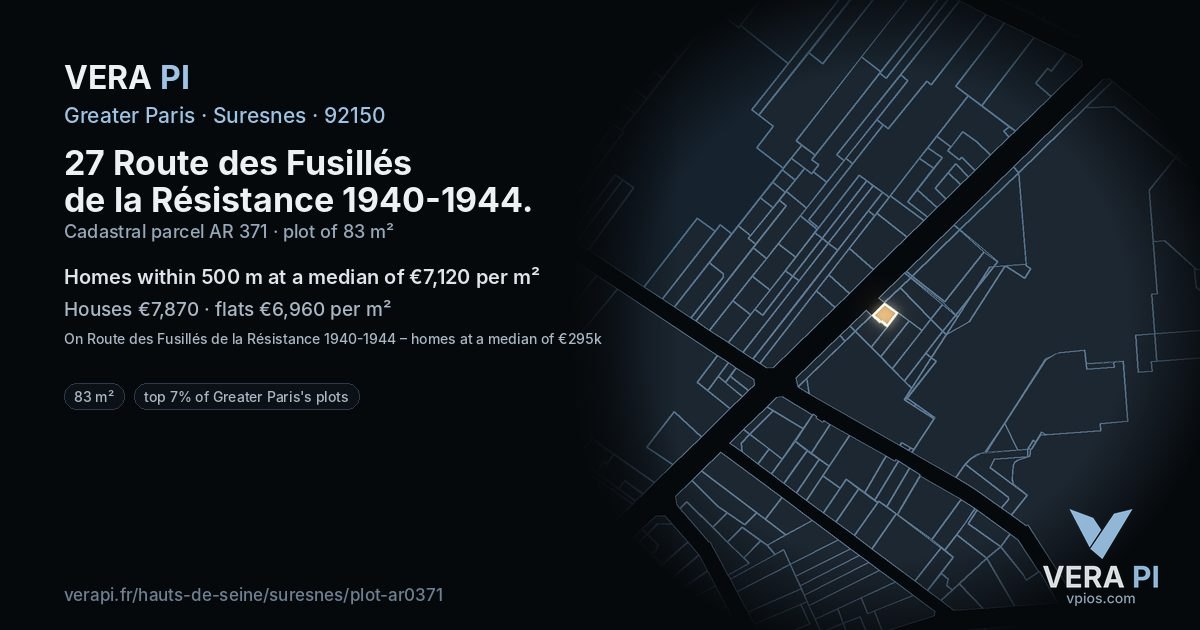 27 Route des Fusillés de la Résistance 1940-1944, Suresnes at night – the plot lit, the parcels around coloured by the prices near them