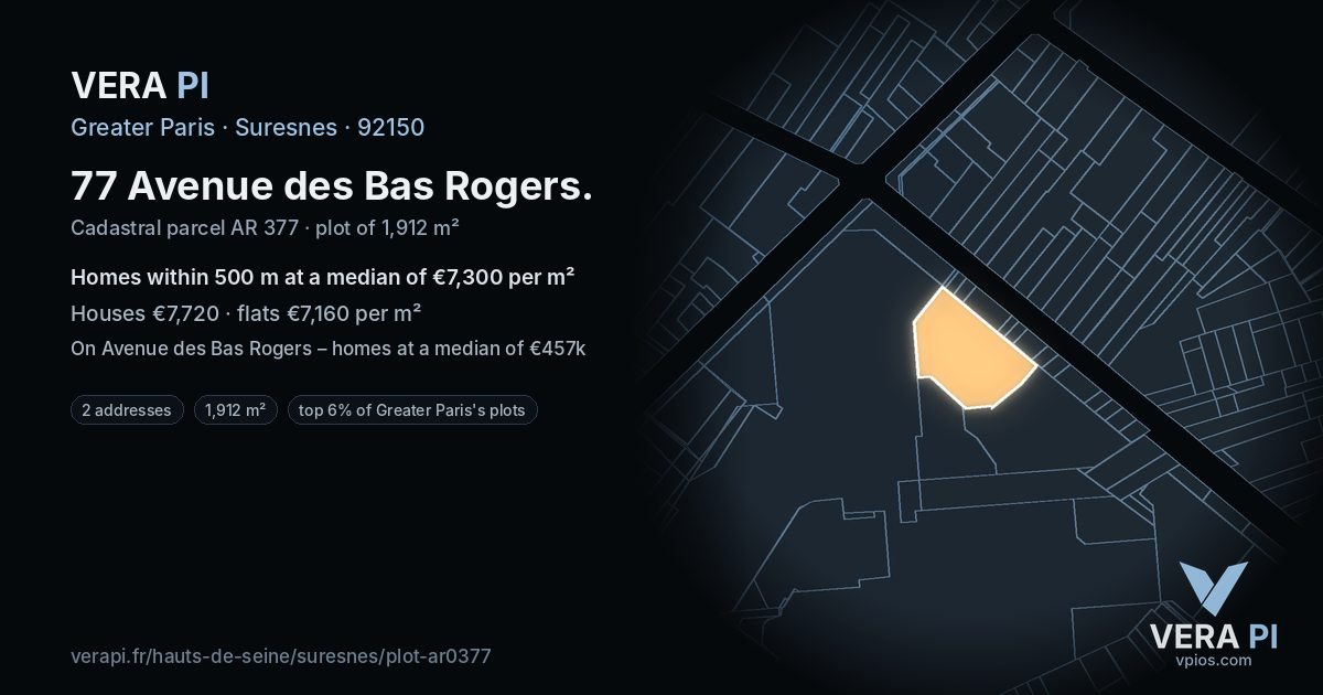 77 Avenue des Bas Rogers, Suresnes at night – the plot lit, the parcels around coloured by the prices near them