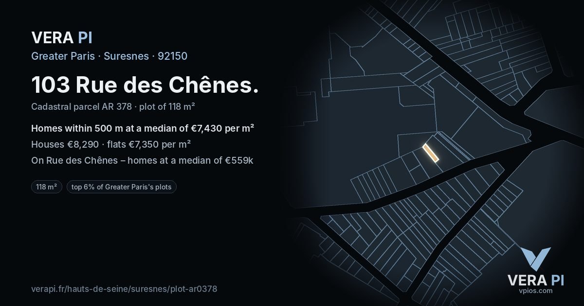 103 Rue des Chênes, Suresnes at night – the plot lit, the parcels around coloured by the prices near them