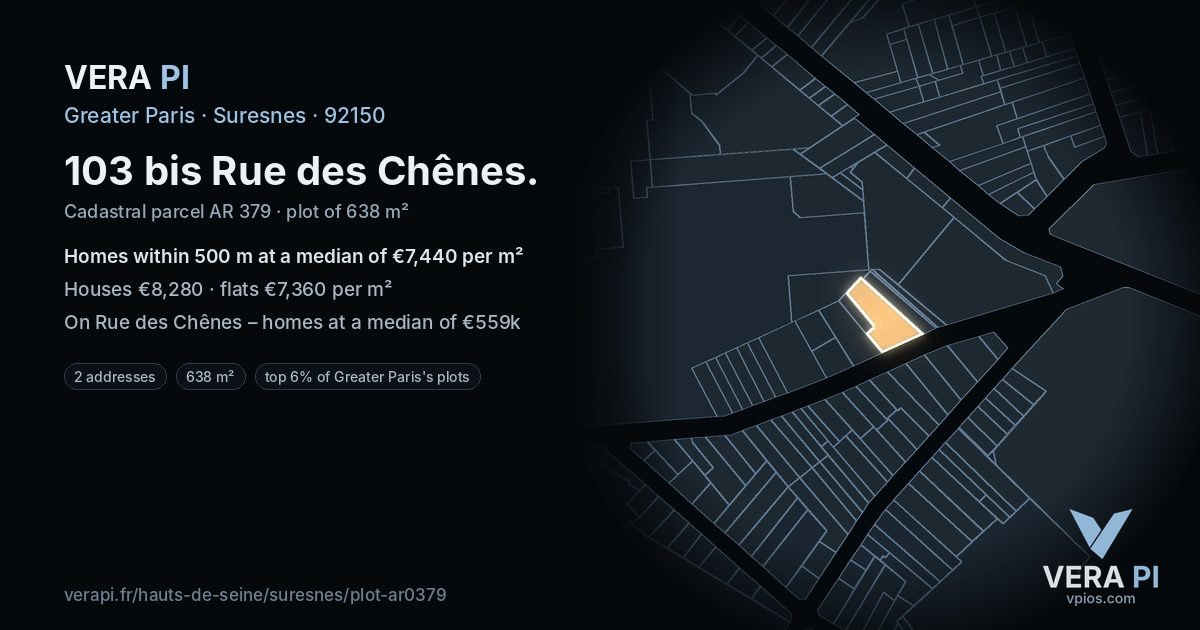 103 bis Rue des Chênes, Suresnes at night – the plot lit, the parcels around coloured by the prices near them