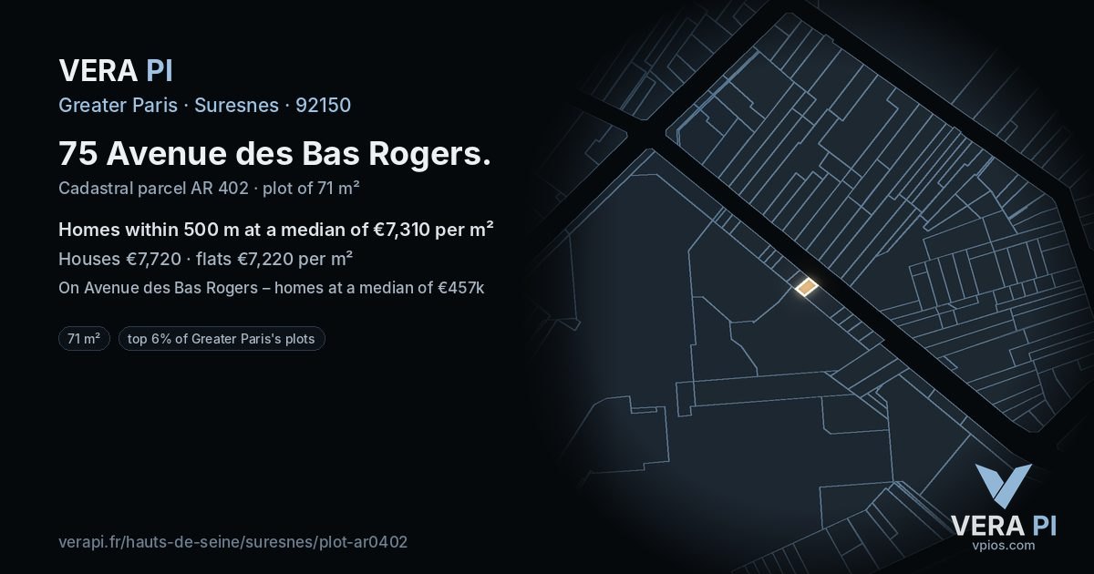 75 Avenue des Bas Rogers, Suresnes at night – the plot lit, the parcels around coloured by the prices near them