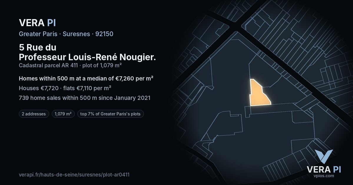 5 Rue du Professeur Louis-René Nougier, Suresnes at night – the plot lit, the parcels around coloured by the prices near them