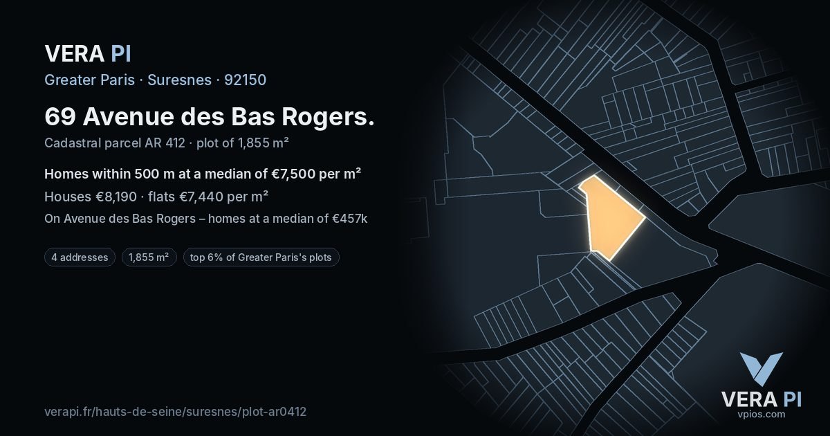 69 Avenue des Bas Rogers, Suresnes at night – the plot lit, the parcels around coloured by the prices near them