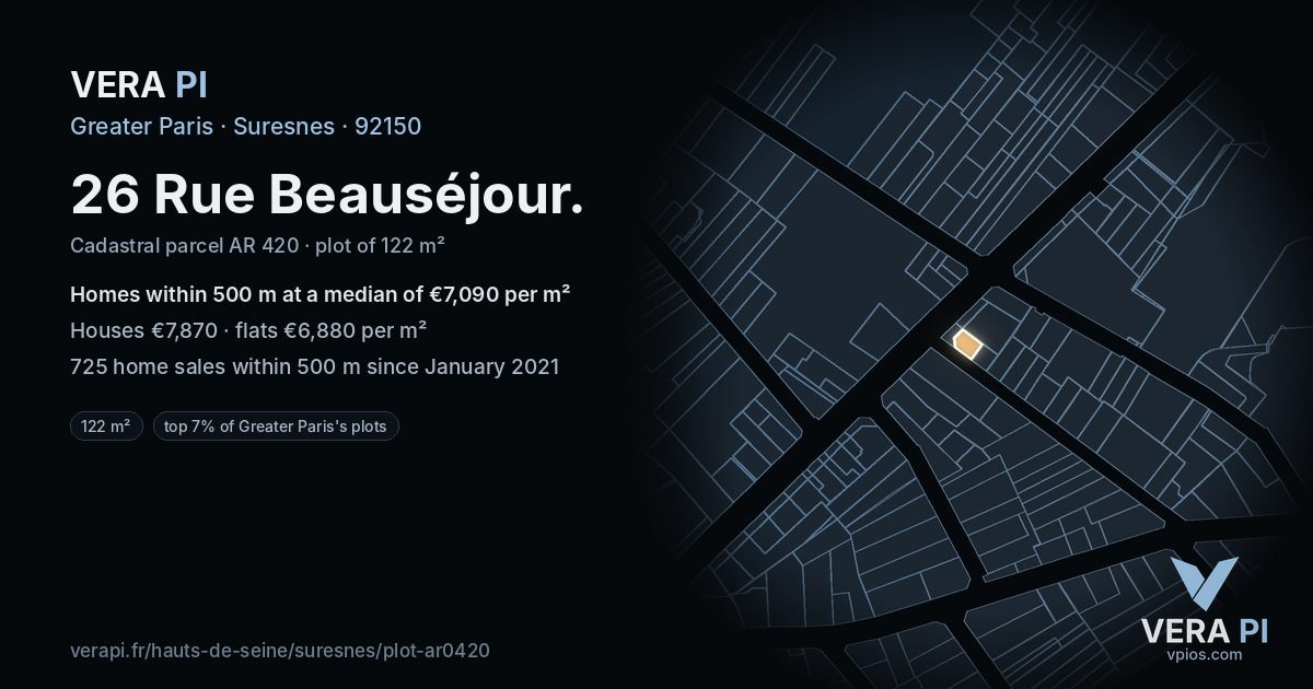 26 Rue Beauséjour, Suresnes at night – the plot lit, the parcels around coloured by the prices near them
