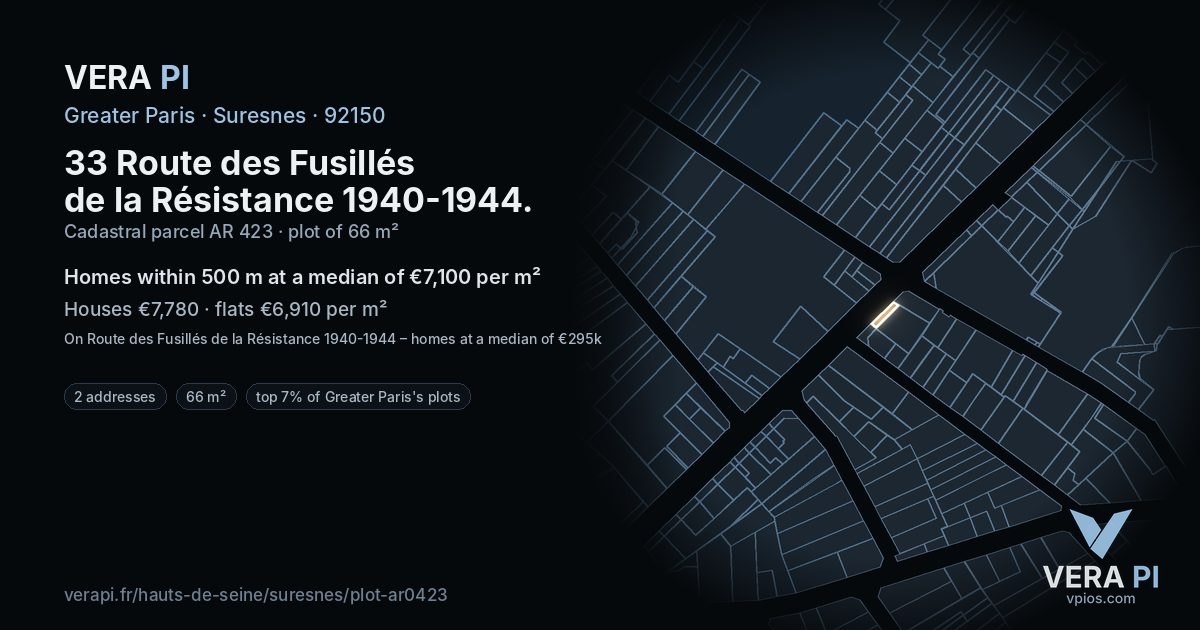 33 Route des Fusillés de la Résistance 1940-1944, Suresnes at night – the plot lit, the parcels around coloured by the prices near them