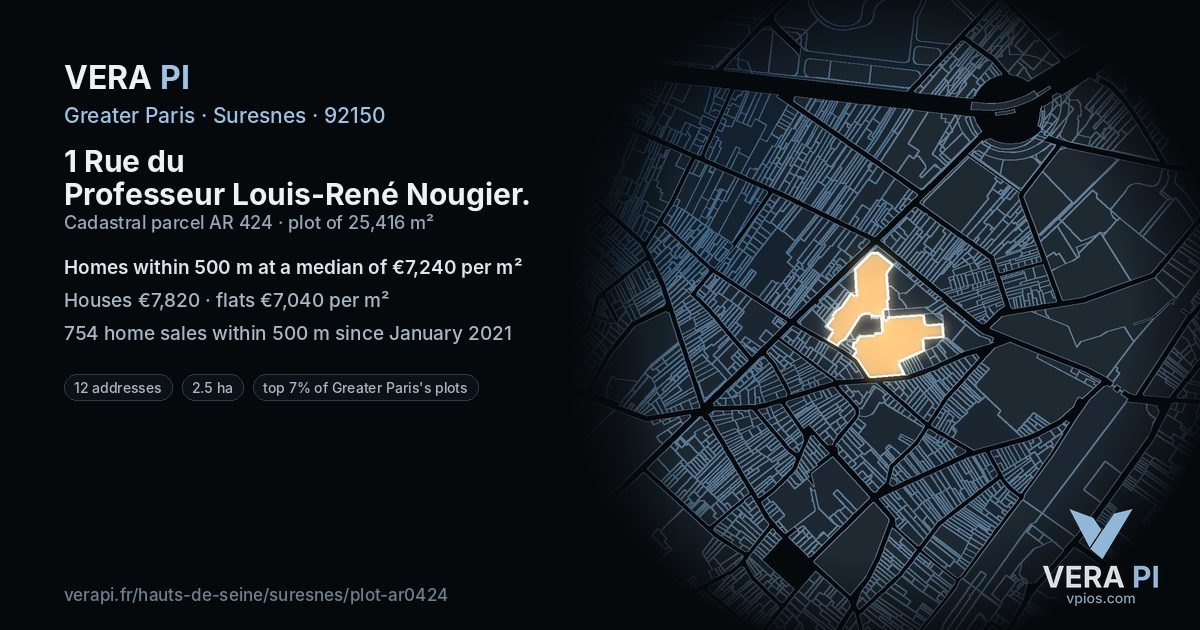 1 Rue du Professeur Louis-René Nougier, Suresnes at night – the plot lit, the parcels around coloured by the prices near them