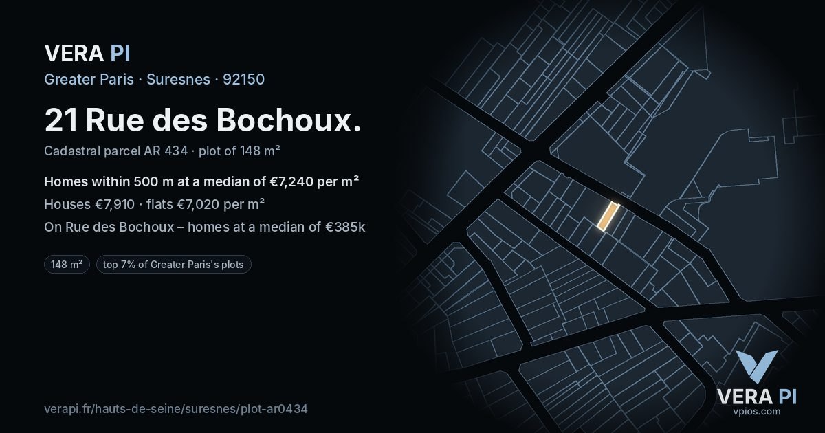 21 Rue des Bochoux, Suresnes at night – the plot lit, the parcels around coloured by the prices near them