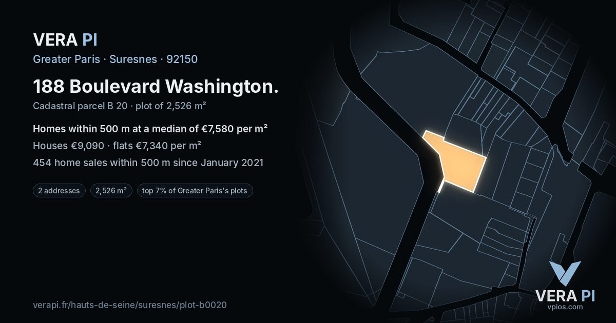 188 Boulevard Washington, Suresnes at night – the plot lit, the parcels around coloured by the prices near them