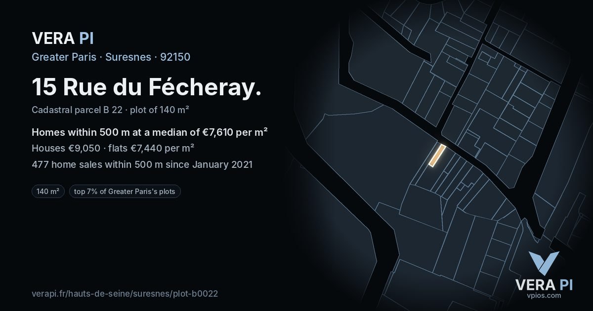 15 Rue du Fécheray, Suresnes at night – the plot lit, the parcels around coloured by the prices near them