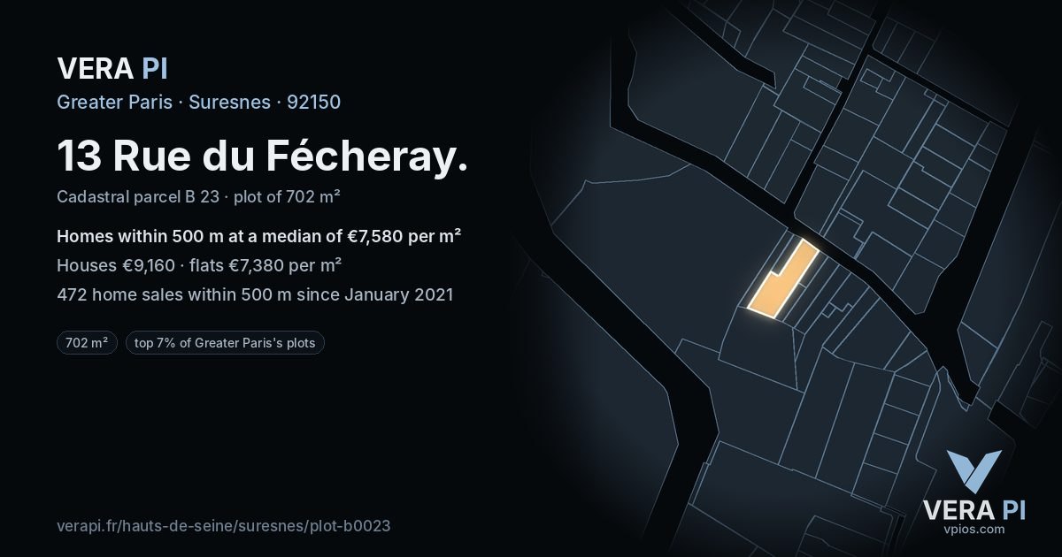 13 Rue du Fécheray, Suresnes at night – the plot lit, the parcels around coloured by the prices near them
