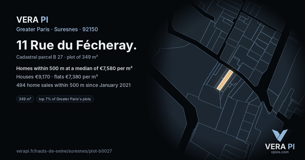 11 Rue du Fécheray, Suresnes at night – the plot lit, the parcels around coloured by the prices near them