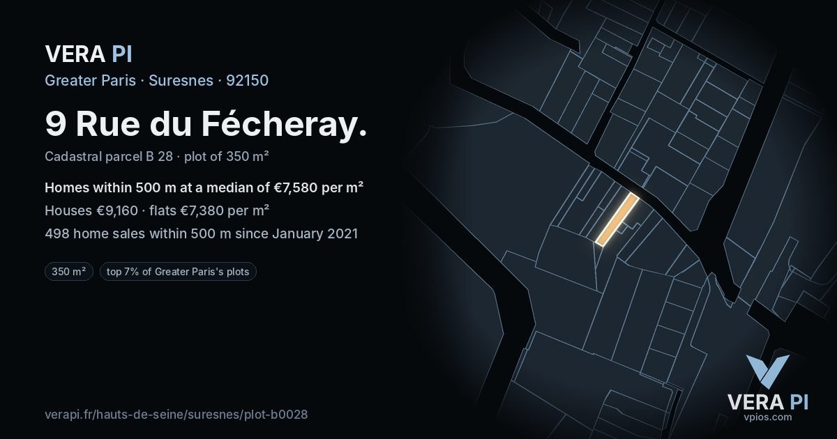 9 Rue du Fécheray, Suresnes at night – the plot lit, the parcels around coloured by the prices near them