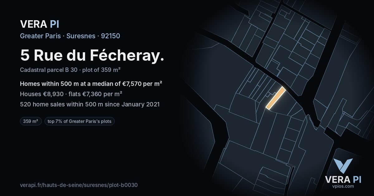 5 Rue du Fécheray, Suresnes at night – the plot lit, the parcels around coloured by the prices near them