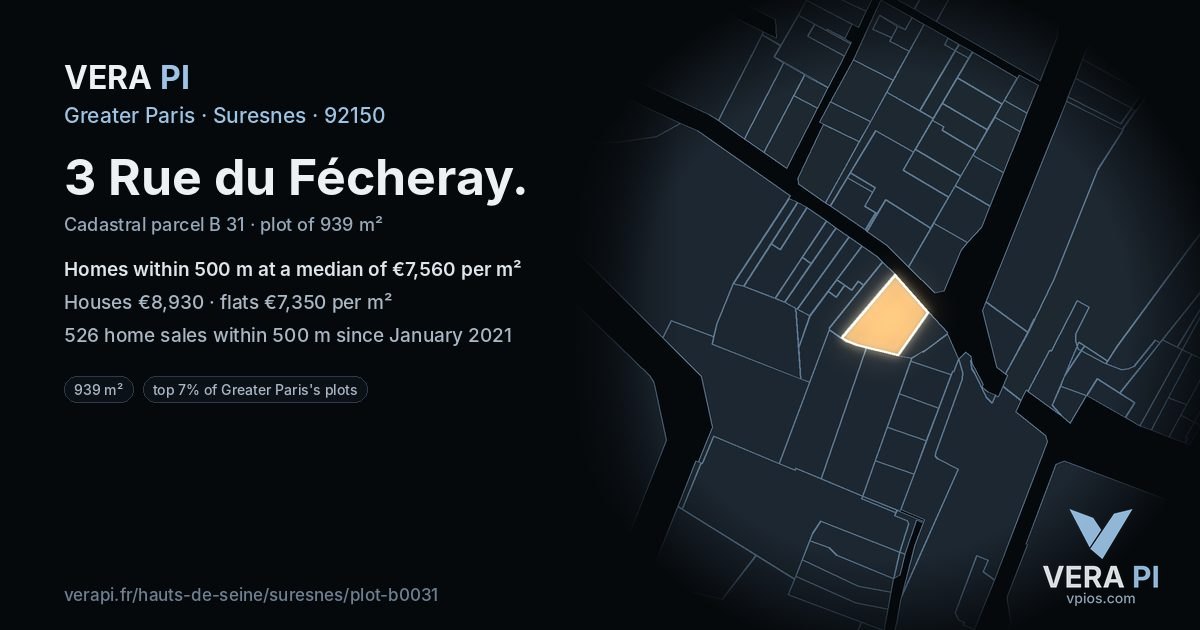 3 Rue du Fécheray, Suresnes at night – the plot lit, the parcels around coloured by the prices near them