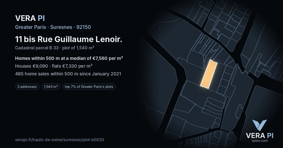 11 bis Rue Guillaume Lenoir, Suresnes at night – the plot lit, the parcels around coloured by the prices near them