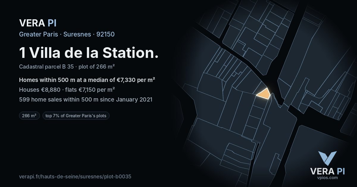 1 Villa de la Station, Suresnes at night – the plot lit, the parcels around coloured by the prices near them