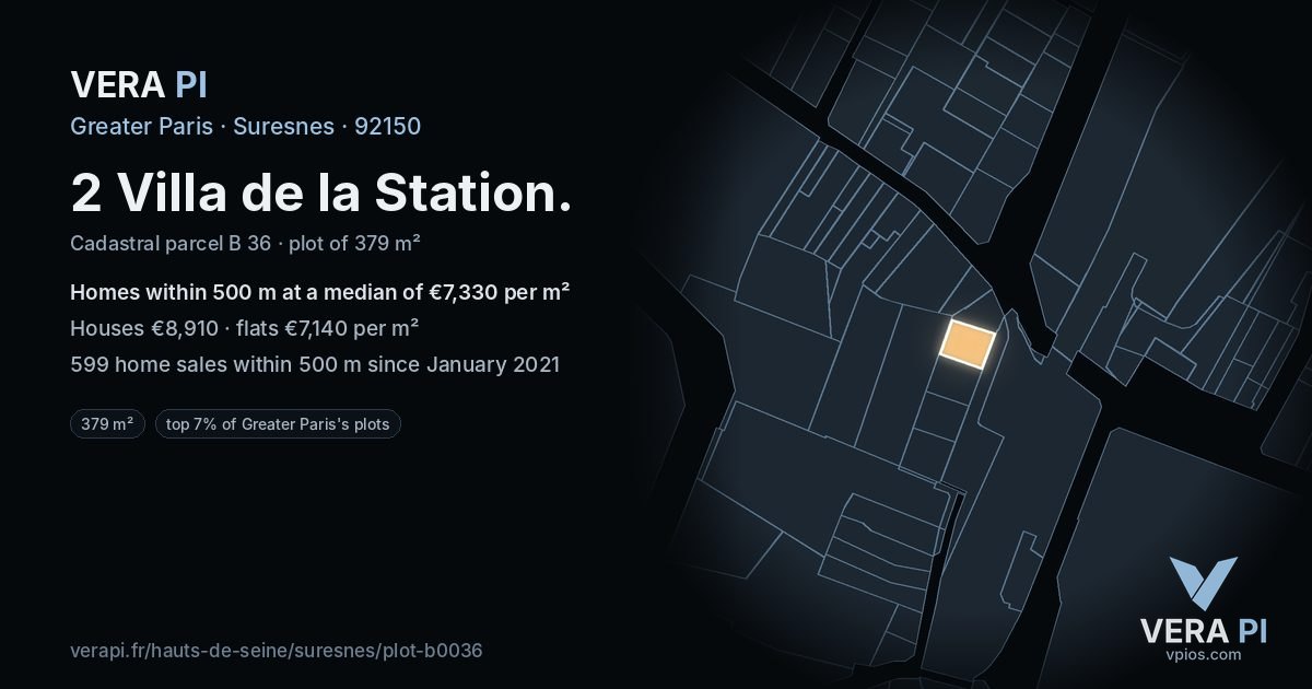 2 Villa de la Station, Suresnes at night – the plot lit, the parcels around coloured by the prices near them