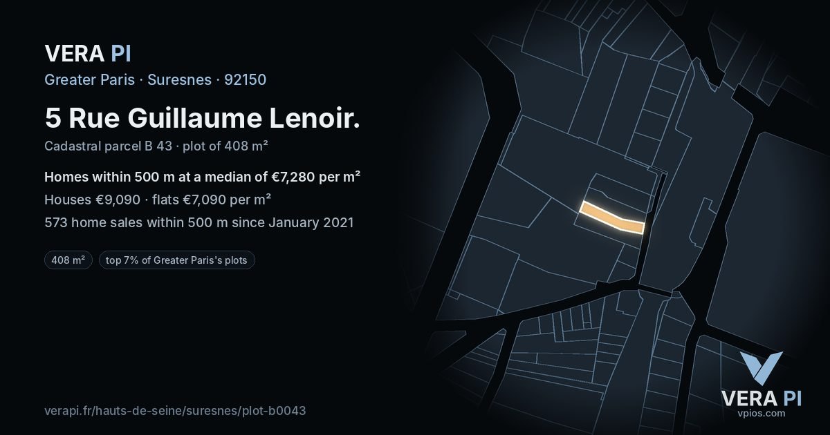 5 Rue Guillaume Lenoir, Suresnes at night – the plot lit, the parcels around coloured by the prices near them