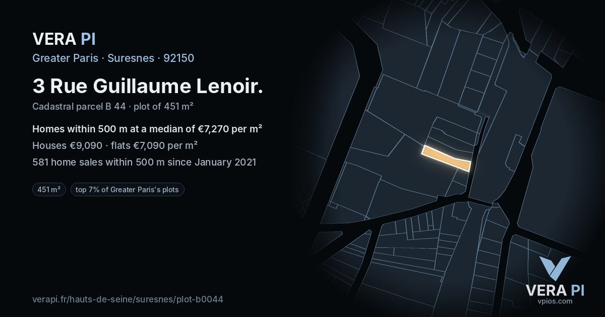 3 Rue Guillaume Lenoir, Suresnes at night – the plot lit, the parcels around coloured by the prices near them