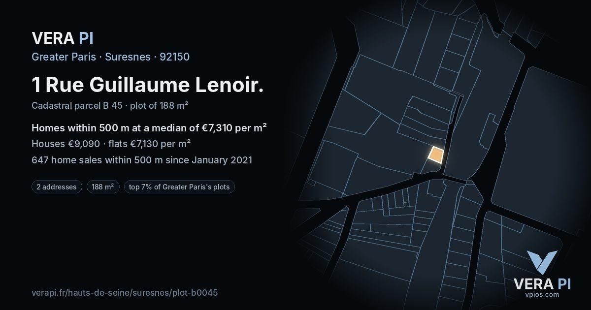 1 Rue Guillaume Lenoir, Suresnes at night – the plot lit, the parcels around coloured by the prices near them