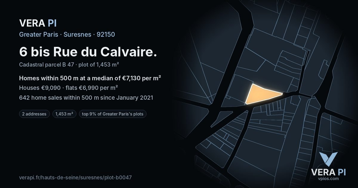 6 bis Rue du Calvaire, Suresnes at night – the plot lit, the parcels around coloured by the prices near them