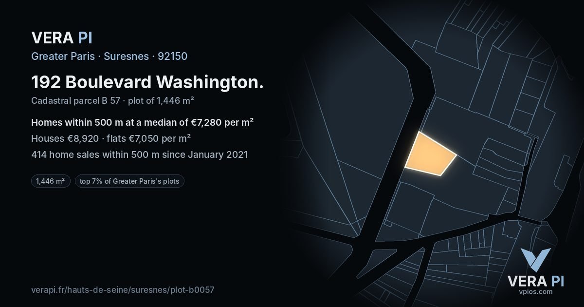 192 Boulevard Washington, Suresnes at night – the plot lit, the parcels around coloured by the prices near them