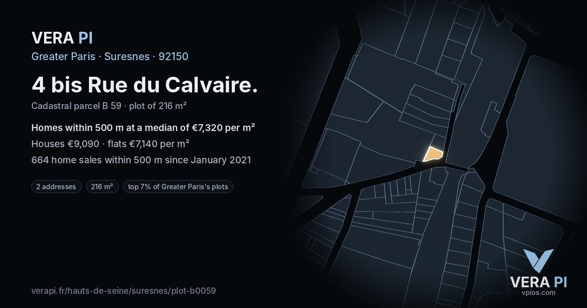 4 bis Rue du Calvaire, Suresnes at night – the plot lit, the parcels around coloured by the prices near them