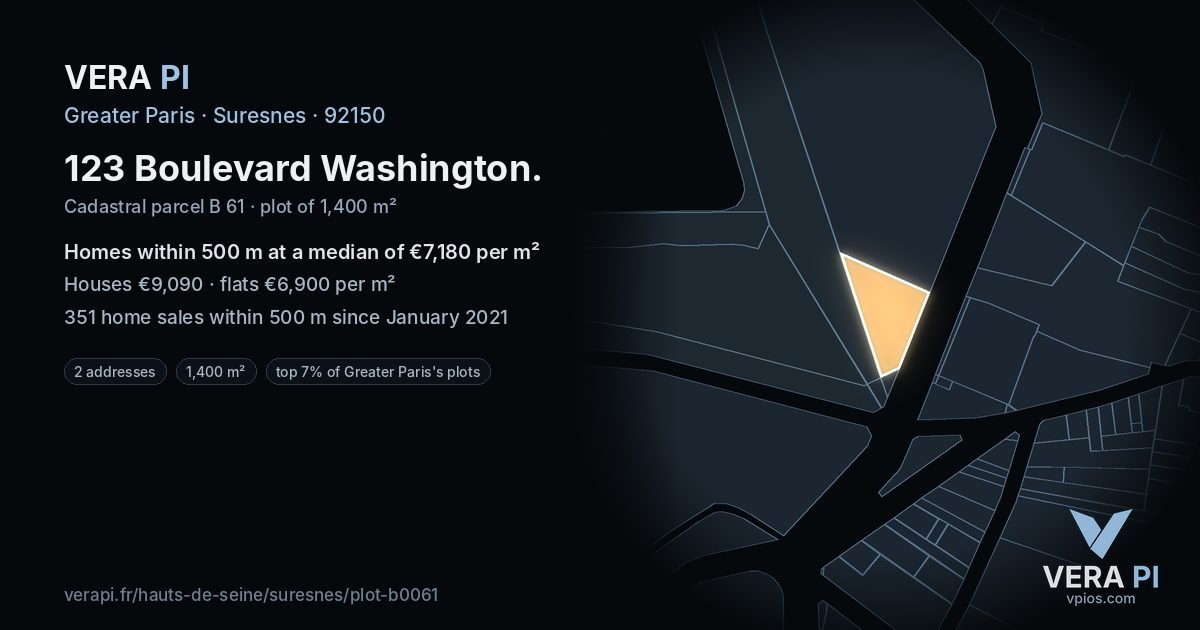 123 Boulevard Washington, Suresnes at night – the plot lit, the parcels around coloured by the prices near them