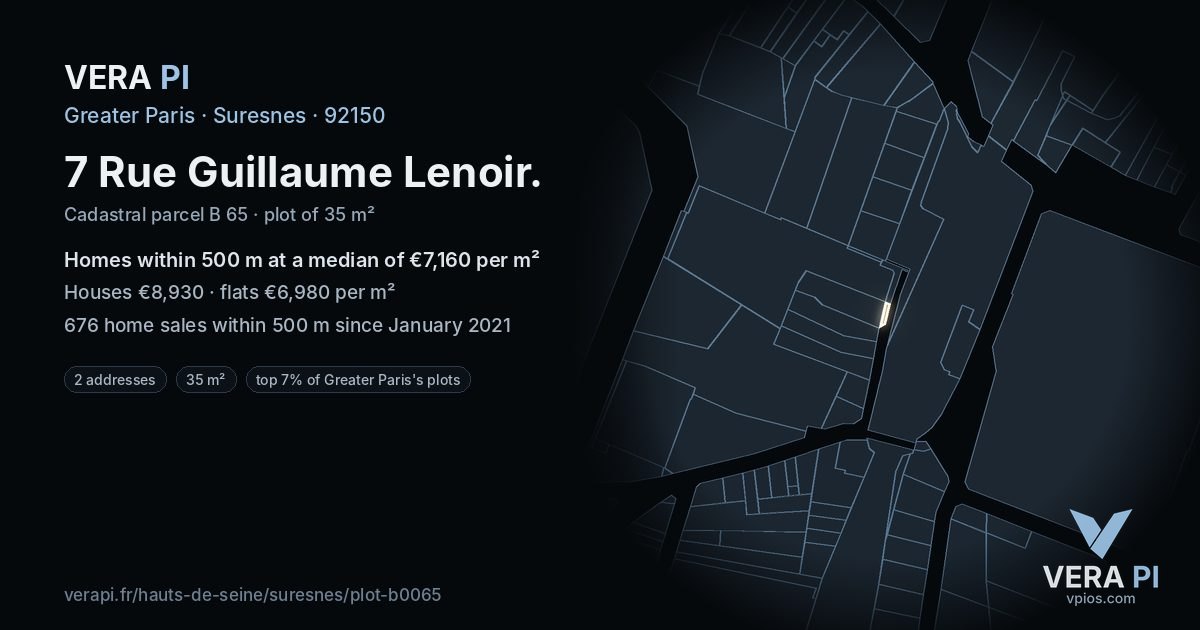 7 Rue Guillaume Lenoir, Suresnes at night – the plot lit, the parcels around coloured by the prices near them