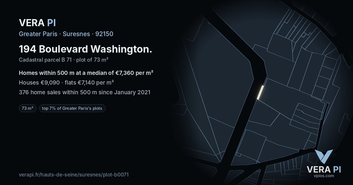 194 Boulevard Washington, Suresnes at night – the plot lit, the parcels around coloured by the prices near them