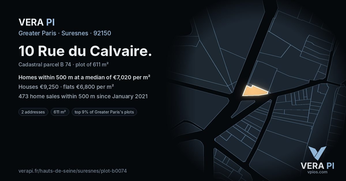 10 Rue du Calvaire, Suresnes at night – the plot lit, the parcels around coloured by the prices near them