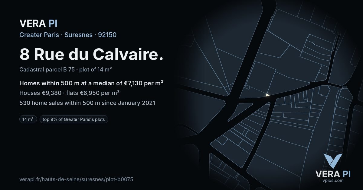 8 Rue du Calvaire, Suresnes at night – the plot lit, the parcels around coloured by the prices near them