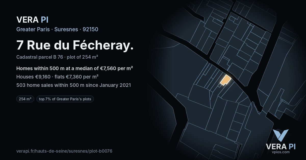 7 Rue du Fécheray, Suresnes at night – the plot lit, the parcels around coloured by the prices near them