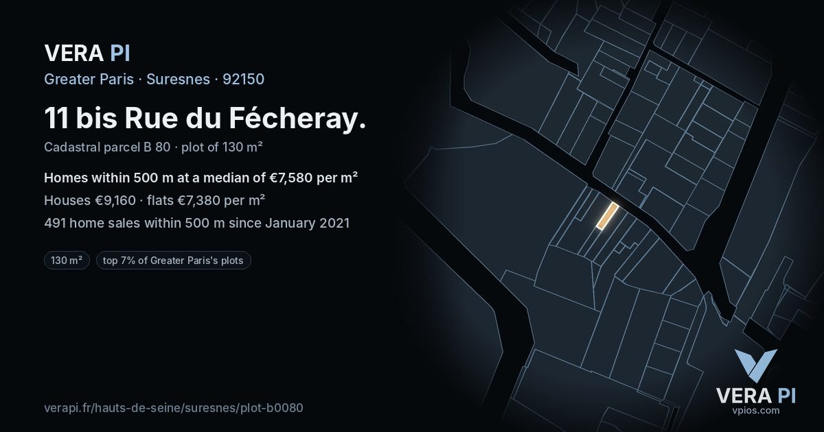 11 bis Rue du Fécheray, Suresnes at night – the plot lit, the parcels around coloured by the prices near them