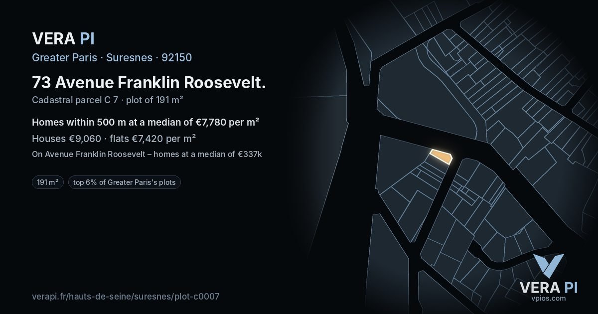 73 Avenue Franklin Roosevelt, Suresnes at night – the plot lit, the parcels around coloured by the prices near them