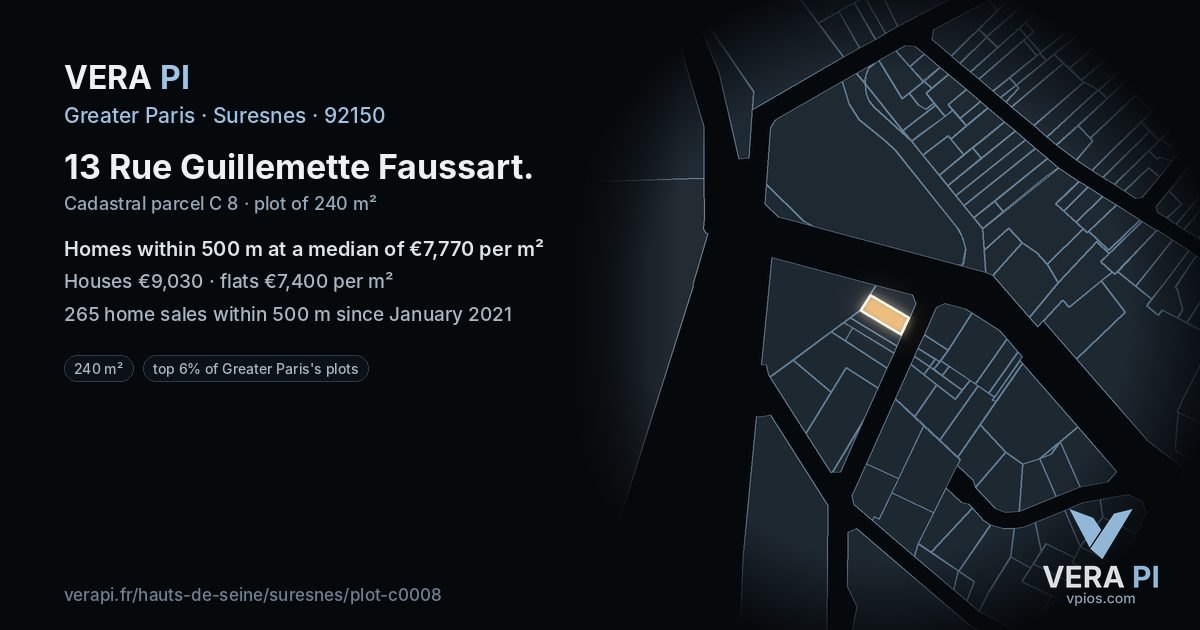 13 Rue Guillemette Faussart, Suresnes at night – the plot lit, the parcels around coloured by the prices near them