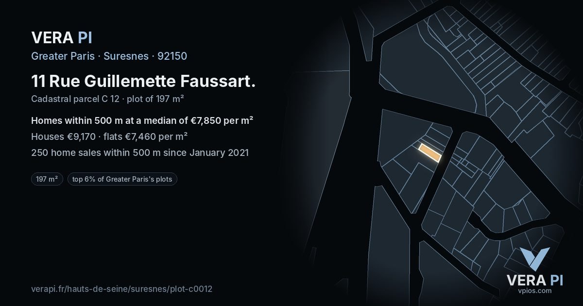 11 Rue Guillemette Faussart, Suresnes at night – the plot lit, the parcels around coloured by the prices near them