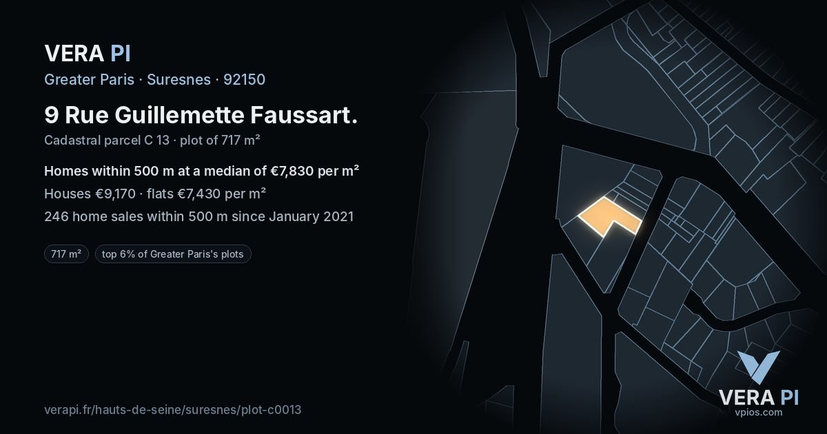 9 Rue Guillemette Faussart, Suresnes at night – the plot lit, the parcels around coloured by the prices near them
