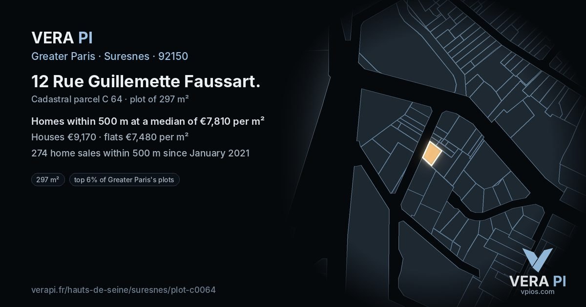 12 Rue Guillemette Faussart, Suresnes at night – the plot lit, the parcels around coloured by the prices near them