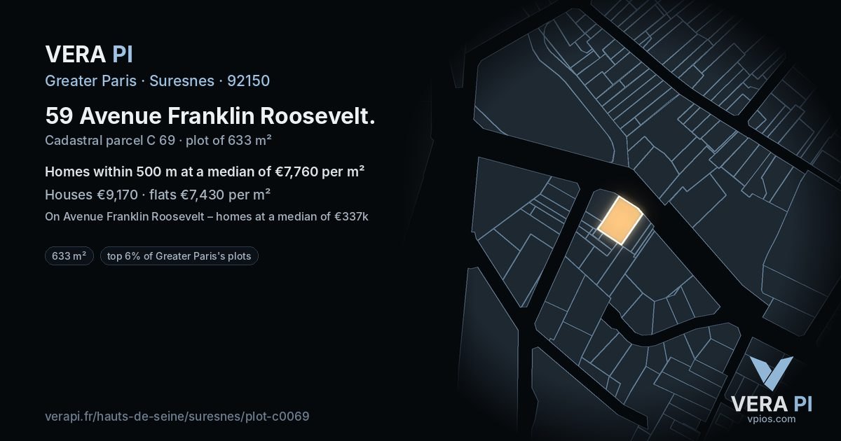 59 Avenue Franklin Roosevelt, Suresnes at night – the plot lit, the parcels around coloured by the prices near them