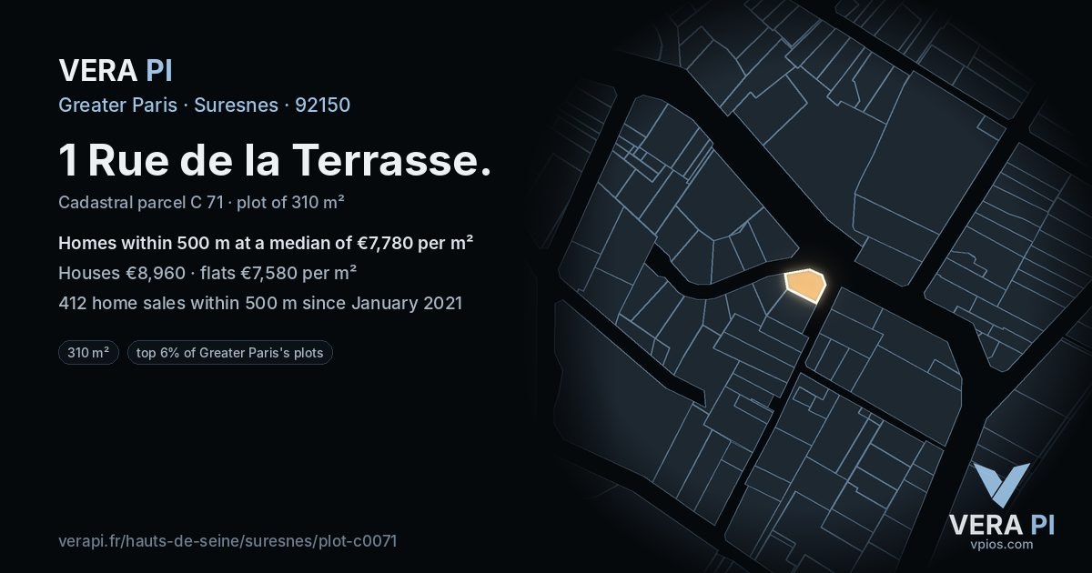 1 Rue de la Terrasse, Suresnes at night – the plot lit, the parcels around coloured by the prices near them